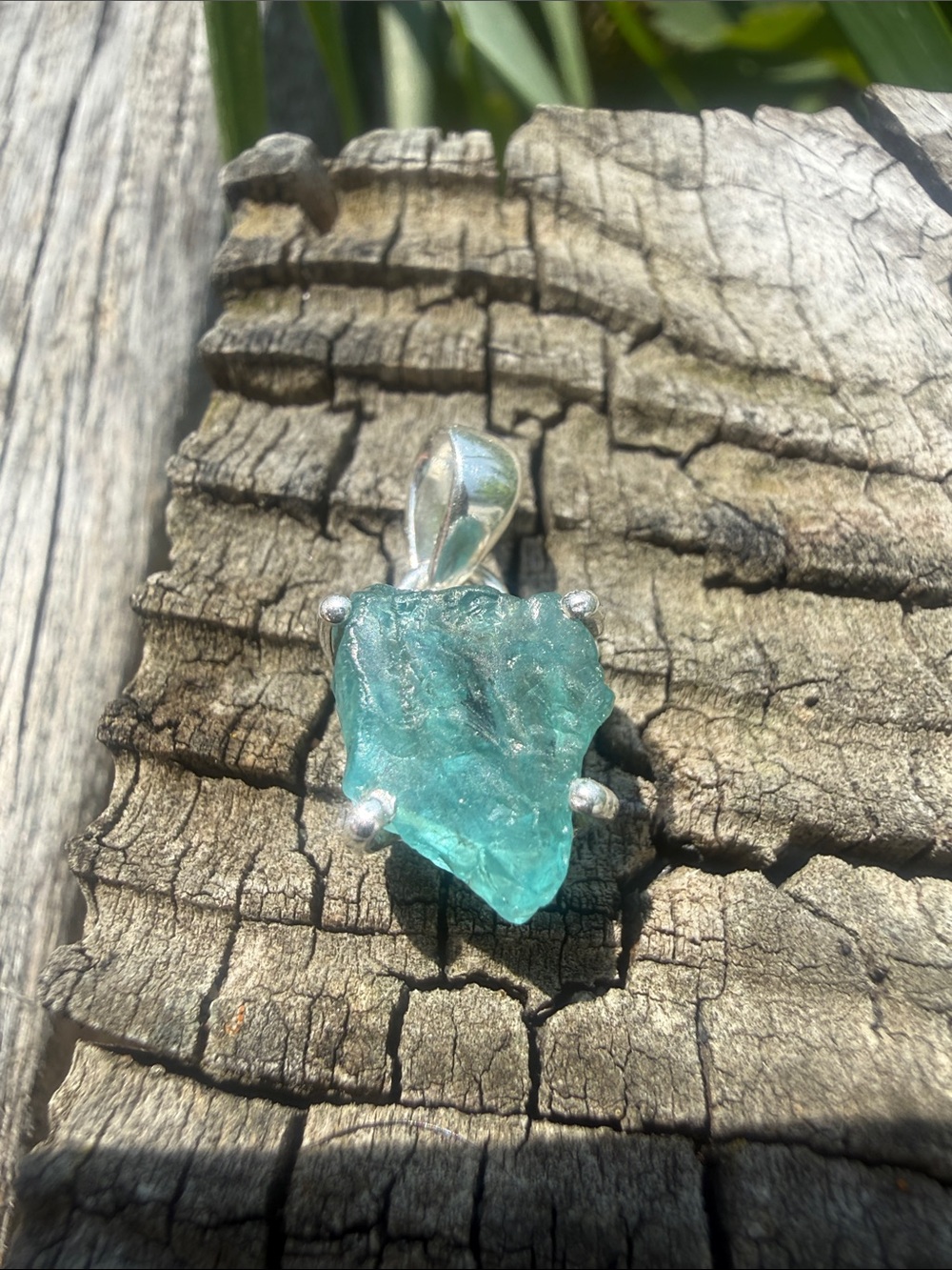 Neon Blue Gem Apatite Rough Crystal Mini Pendant - Solid Sterling Setting